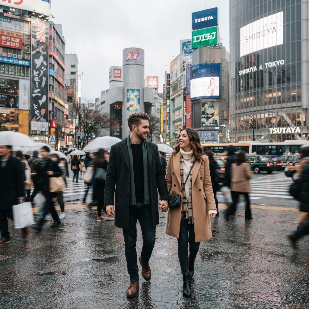 Stylish couple in chic winter outfits crossing Shibuya scramble in Tokyo in December