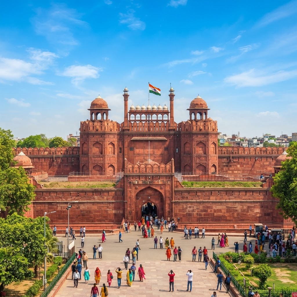 The Red Fort in Old Delhi with its massive red sandstone walls, domed towers and the Lahore Gate under a bright blue sky