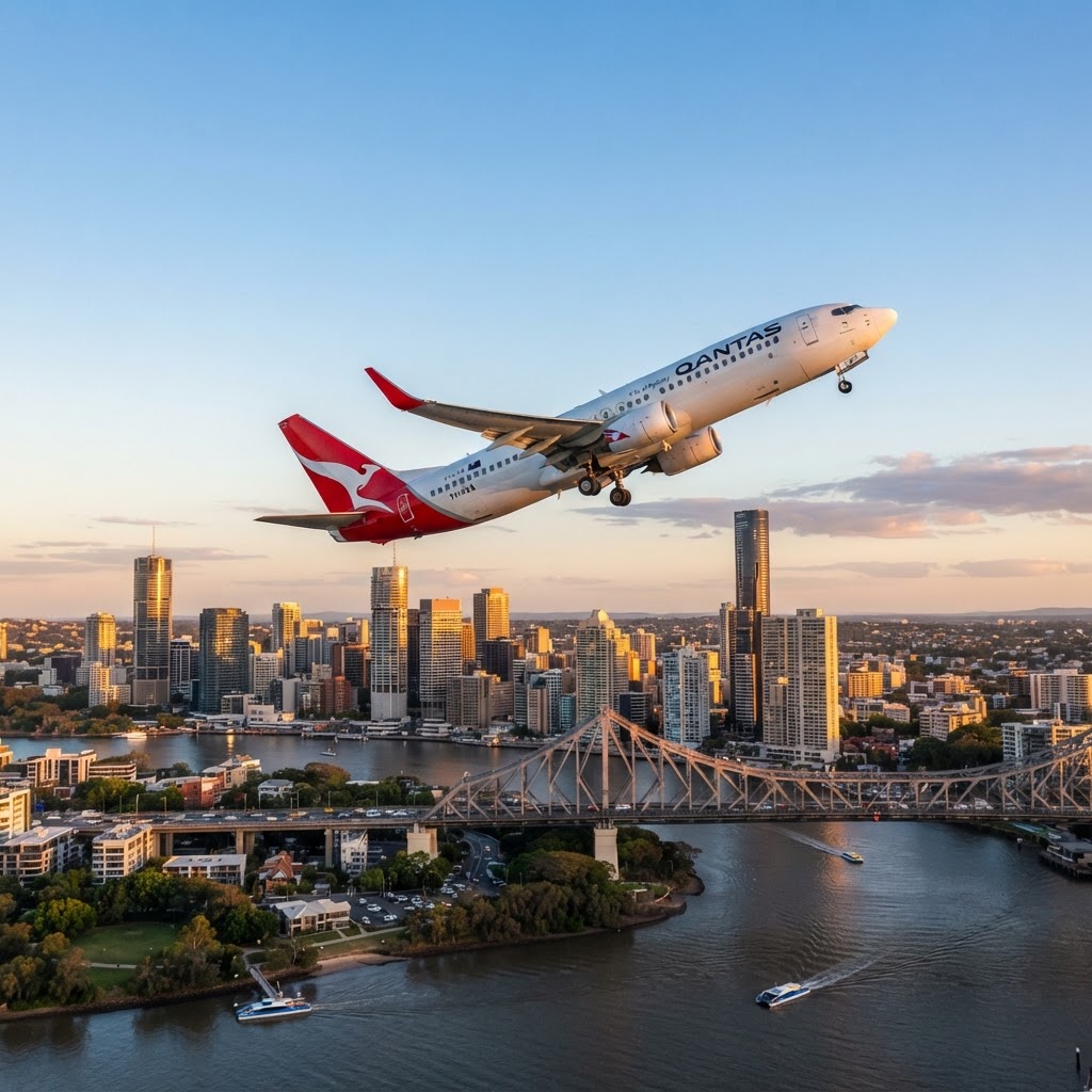 Qantas Boeing 737 climbing over the Brisbane River and Story Bridge at golden hour