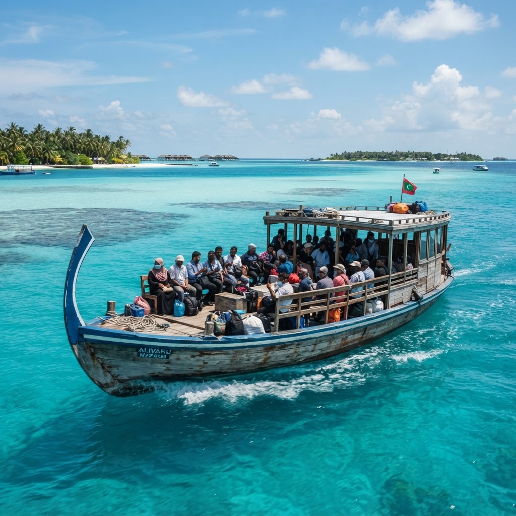 Maldivian public ferry crossing the turquoise atoll lagoon