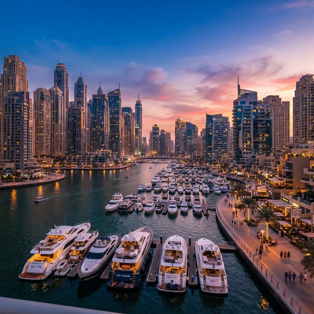 Dubai Marina skyscrapers along the canal at sunset with yachts