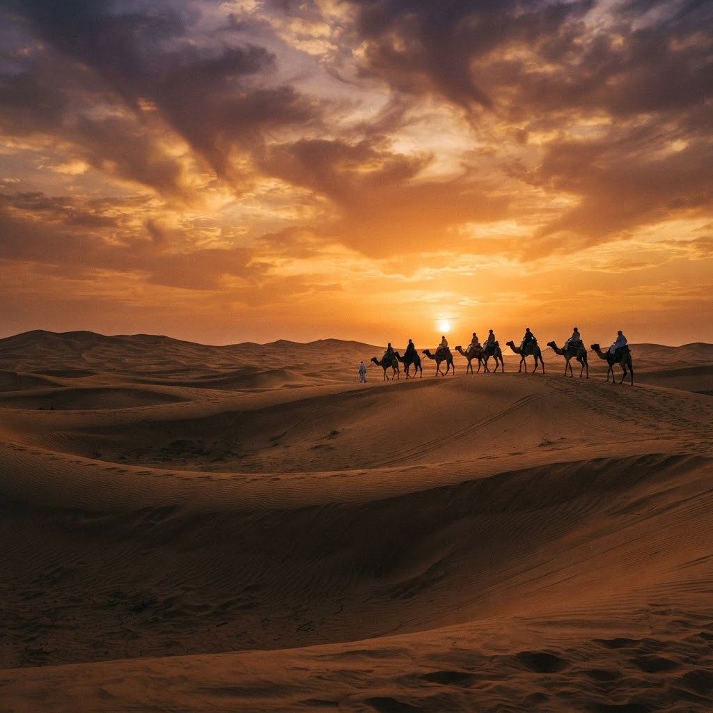 Dubai desert dunes at golden hour with a camel caravan silhouette, vast sand landscape in warm orange and amber tones
