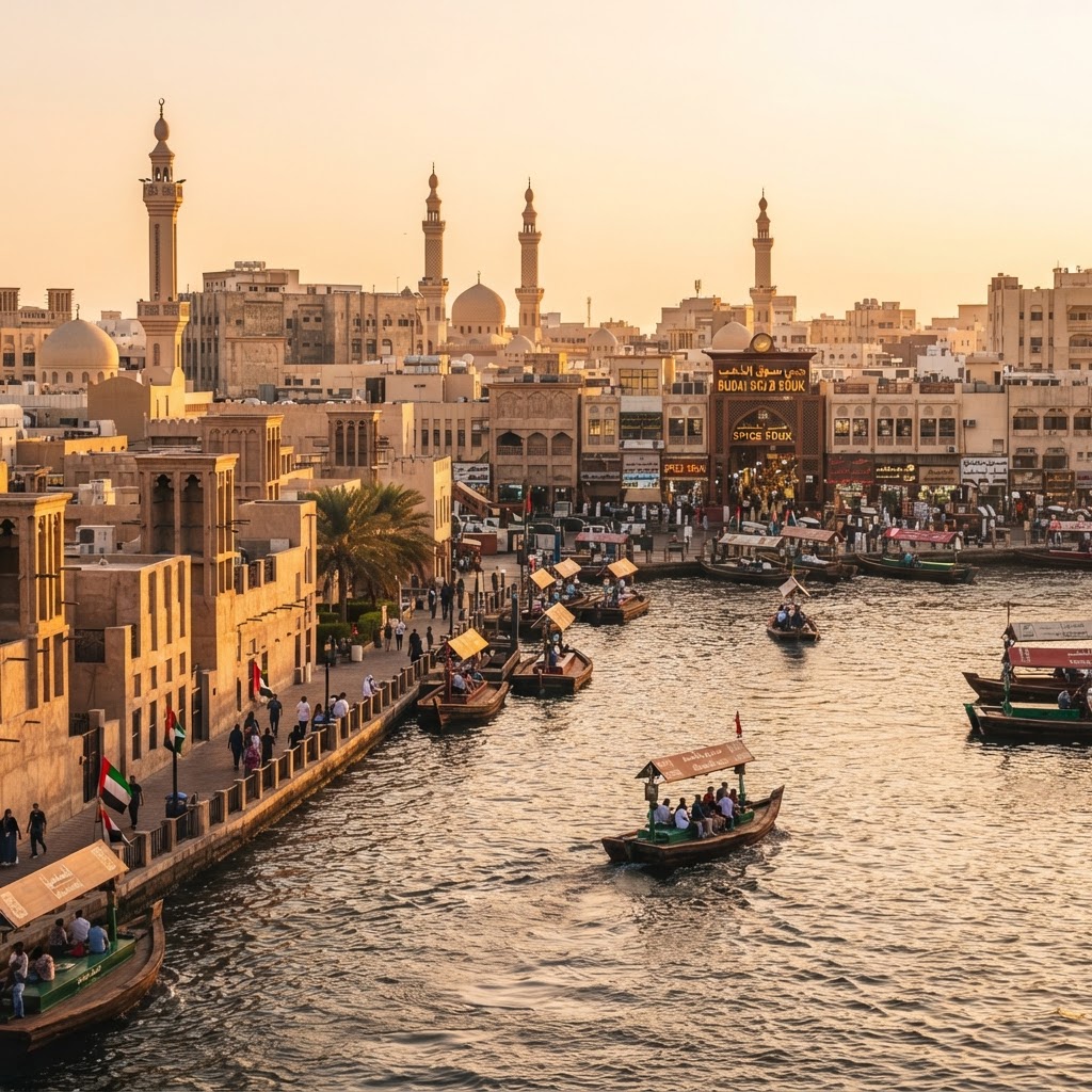 Al Fahidi historic district and Dubai Creek with traditional abra boats