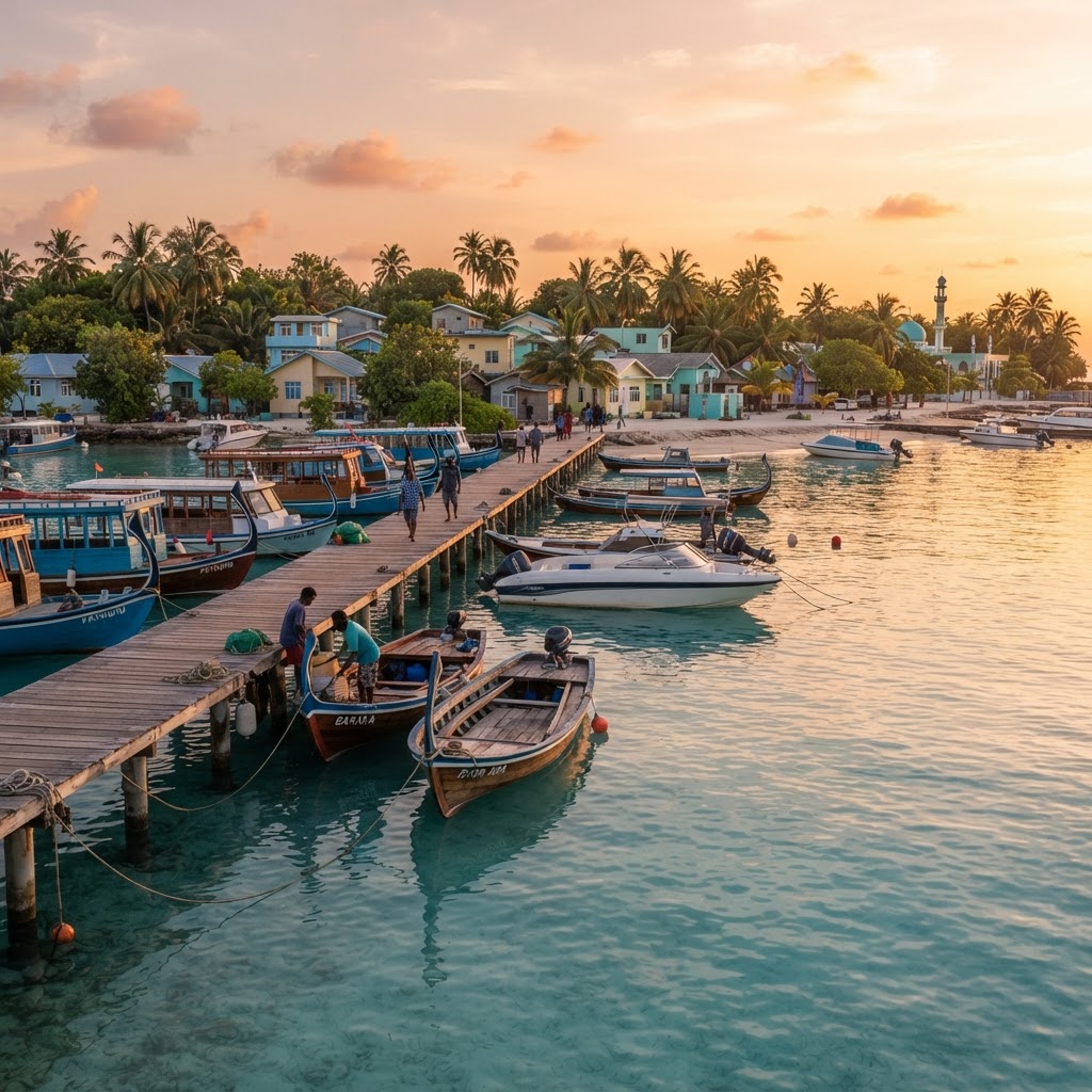 Gaafaru fishing harbour with traditional dhoni boats and speedboats at a wooden jetty at golden hour