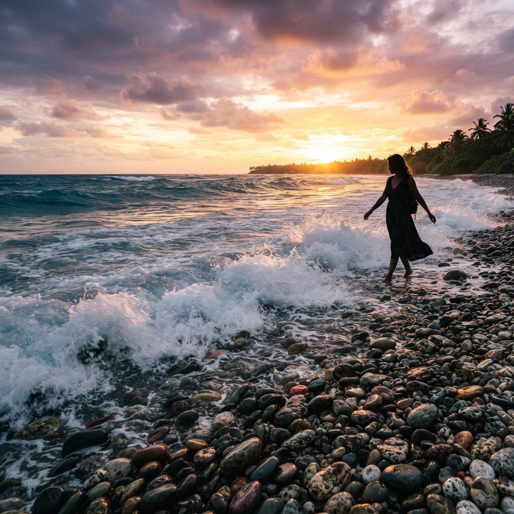 Thundi pebble beach on Fuvahmulah at sunset with smooth stones and golden light
