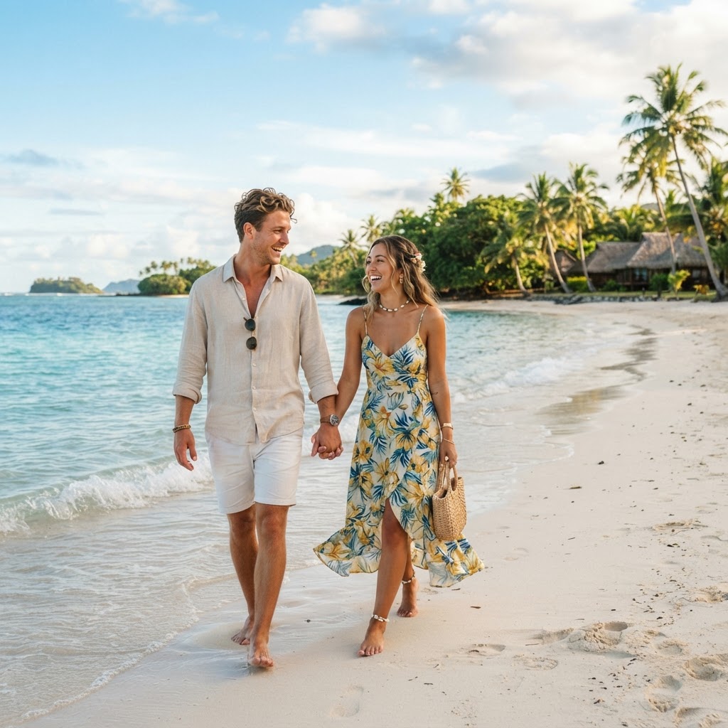 Stylish couple in light tropical outfits on a Fiji beach in December with palm trees and a warm humid tropical sky