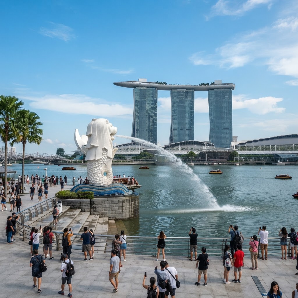 Merlion statue with Marina Bay backdrop, Singapore