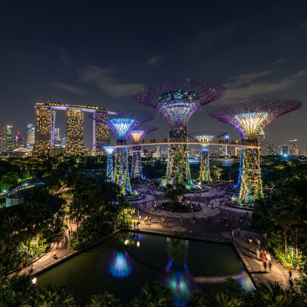 Gardens by the Bay in Singapore at night with the lit-up Supertree Grove and Marina Bay Sands in the background