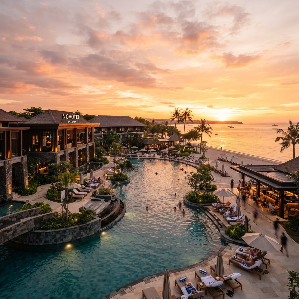 Novotel Bali Benoa beachfront resort at golden hour with lagoon pool overlooking the ocean