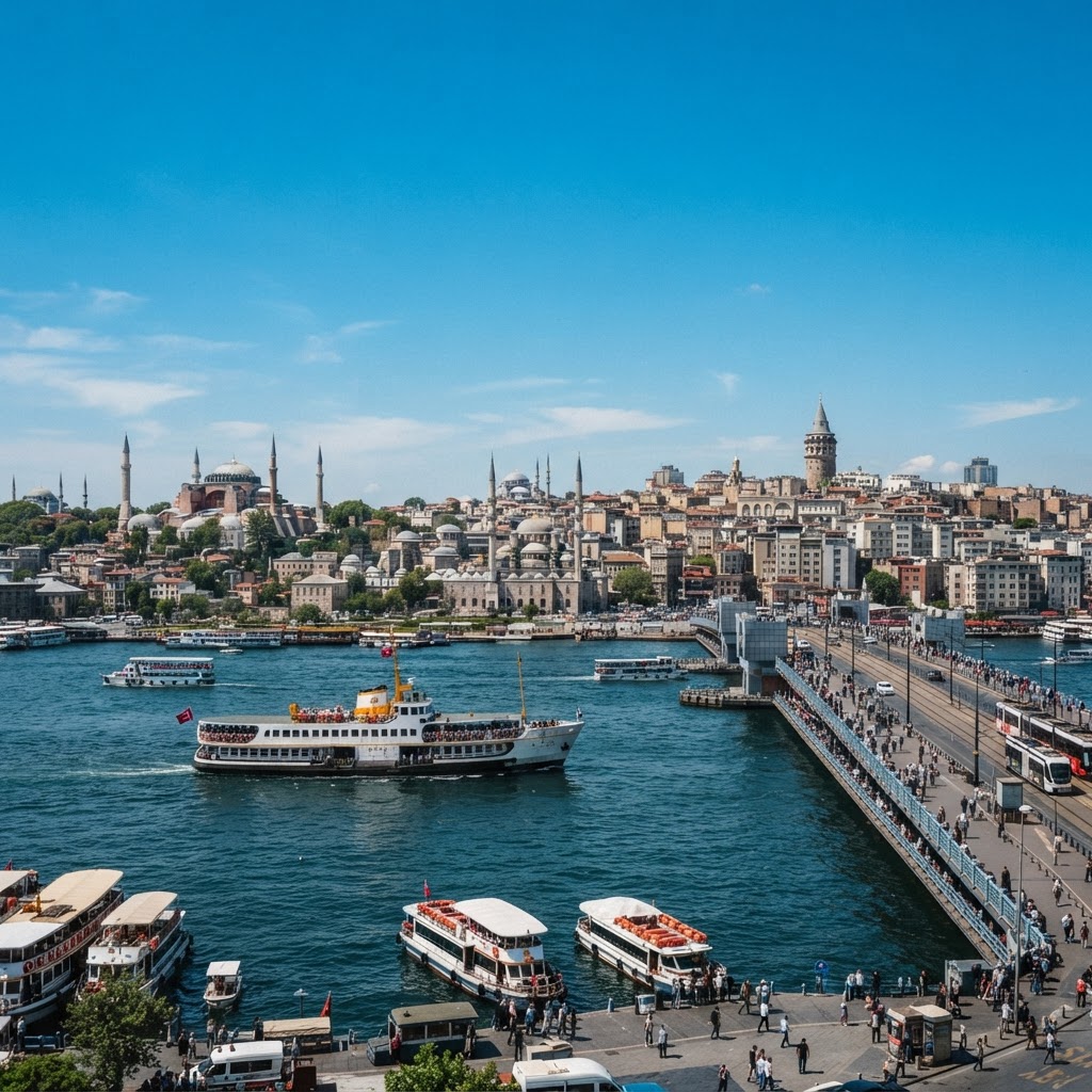 The Bosphorus strait in Istanbul at midday with a traditional ferry boat, waterfront Ottoman mosques and palaces, the Galata Bridge, clear blue sky