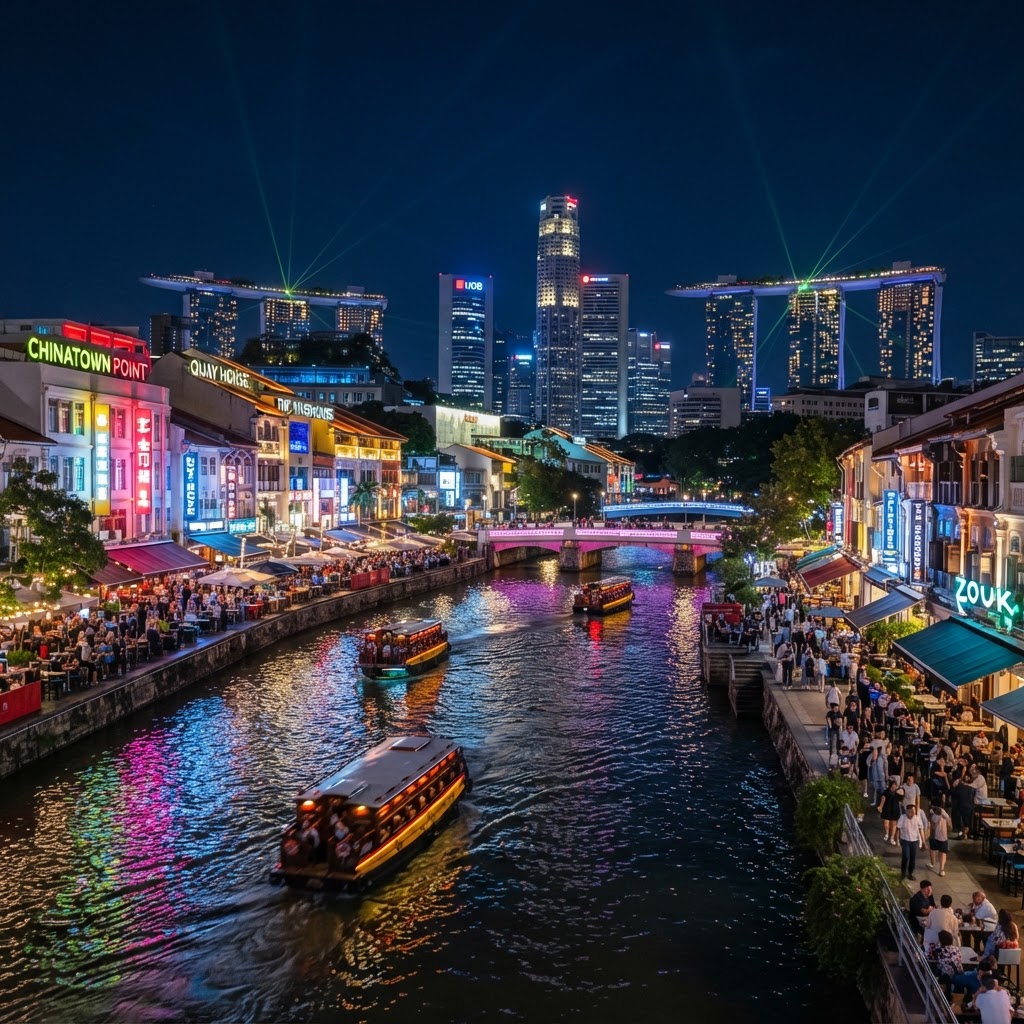 Clarke Quay in Singapore at night with the colourful riverside bars and restaurants along the Singapore River