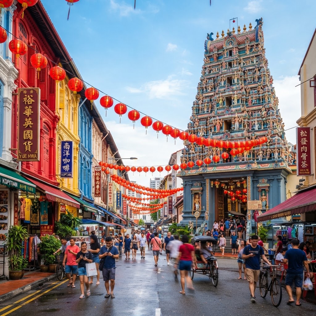 Singapore Chinatown shophouses with red lanterns and Sri Mariamman Temple