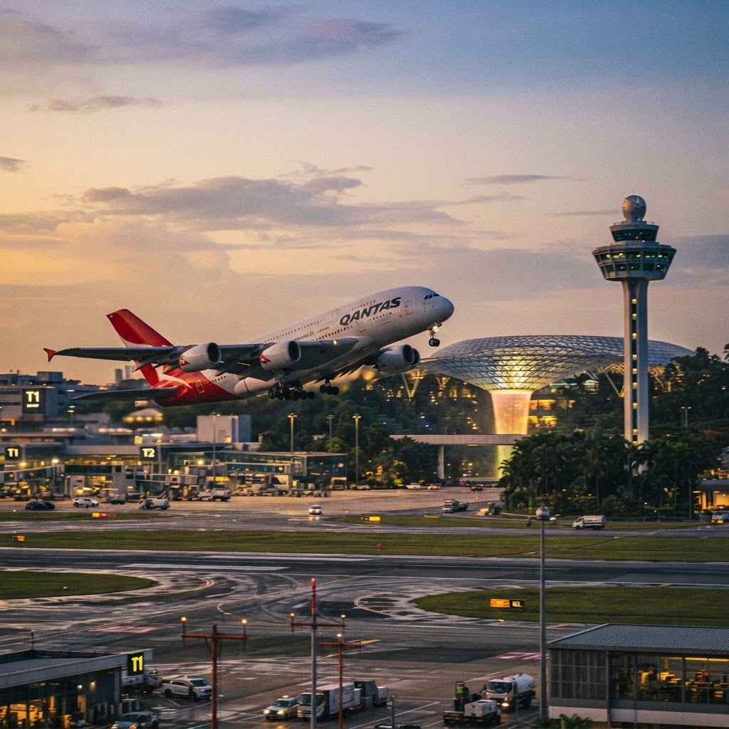 A Qantas Airbus A380 taking off from Singapore Changi Airport runway at dusk with the Jewel waterfall and the control tower in the background