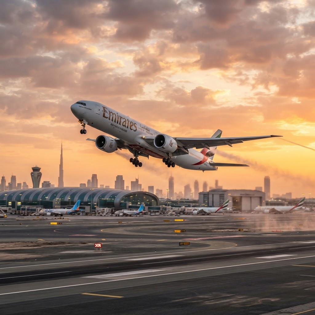 Emirates Boeing 777 taking off from Dubai Terminal 3 at sunrise heading to Male