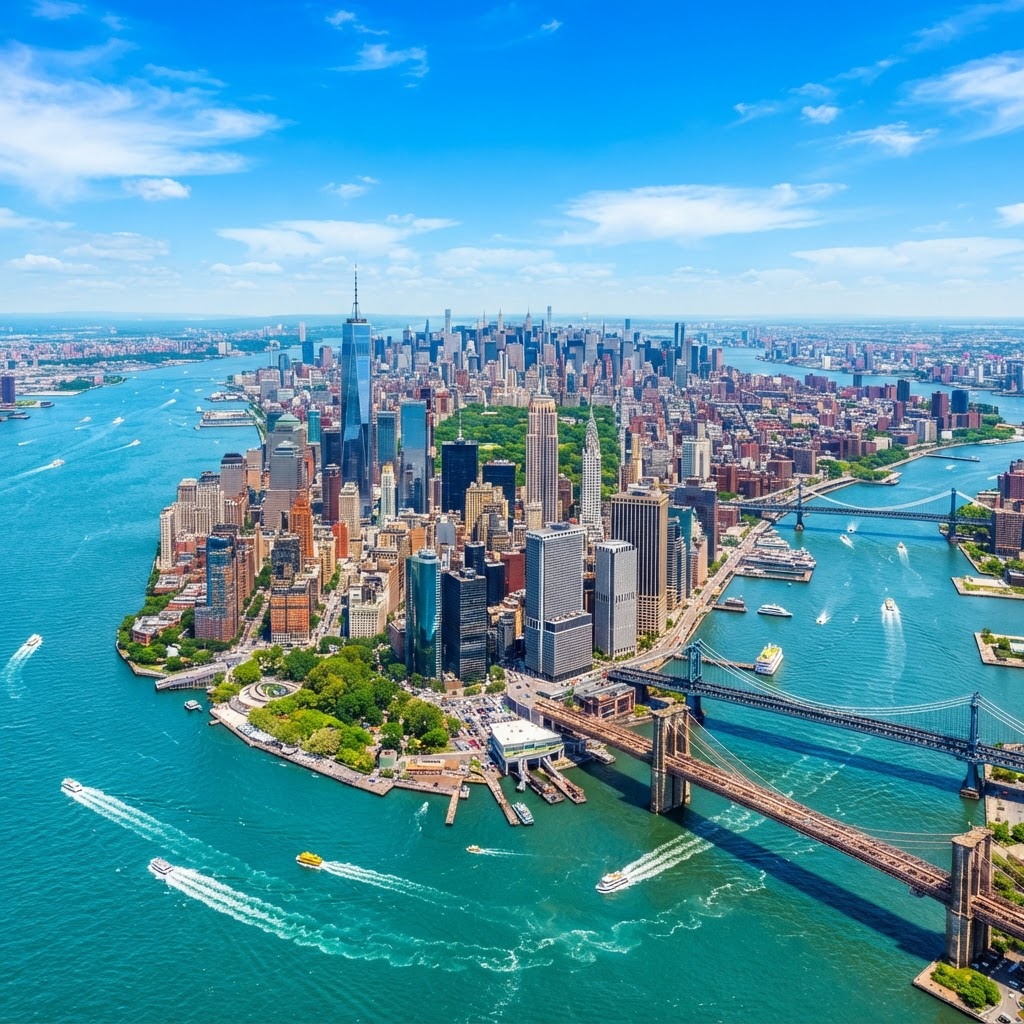 The New York City Manhattan skyline by day with the Empire State Building and One World Trade Center under a clear blue sky, the rivers sparkling turquoise