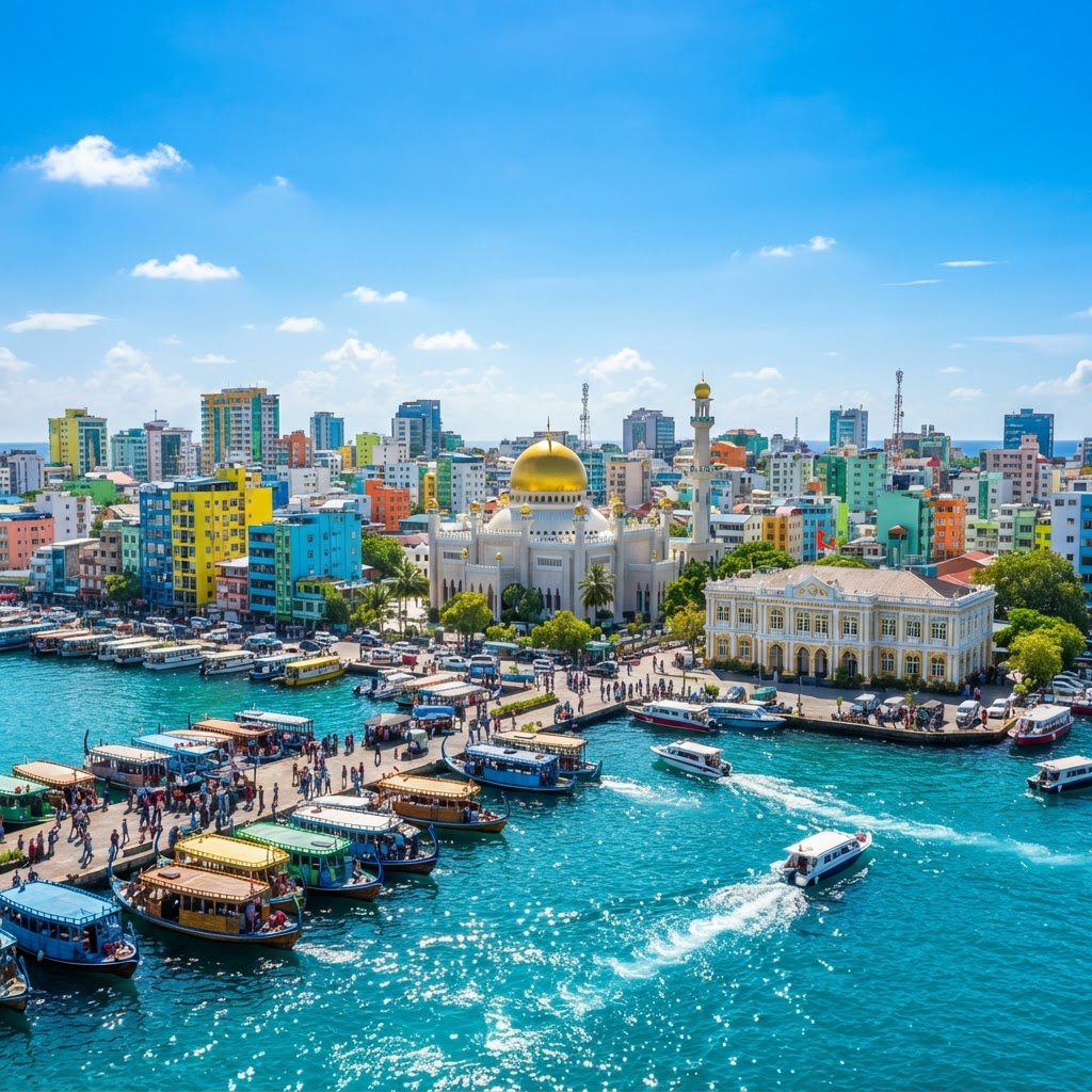 The Male city skyline in the Maldives by day with the Islamic Centre golden dome and colourful high-rises under a clear blue sky