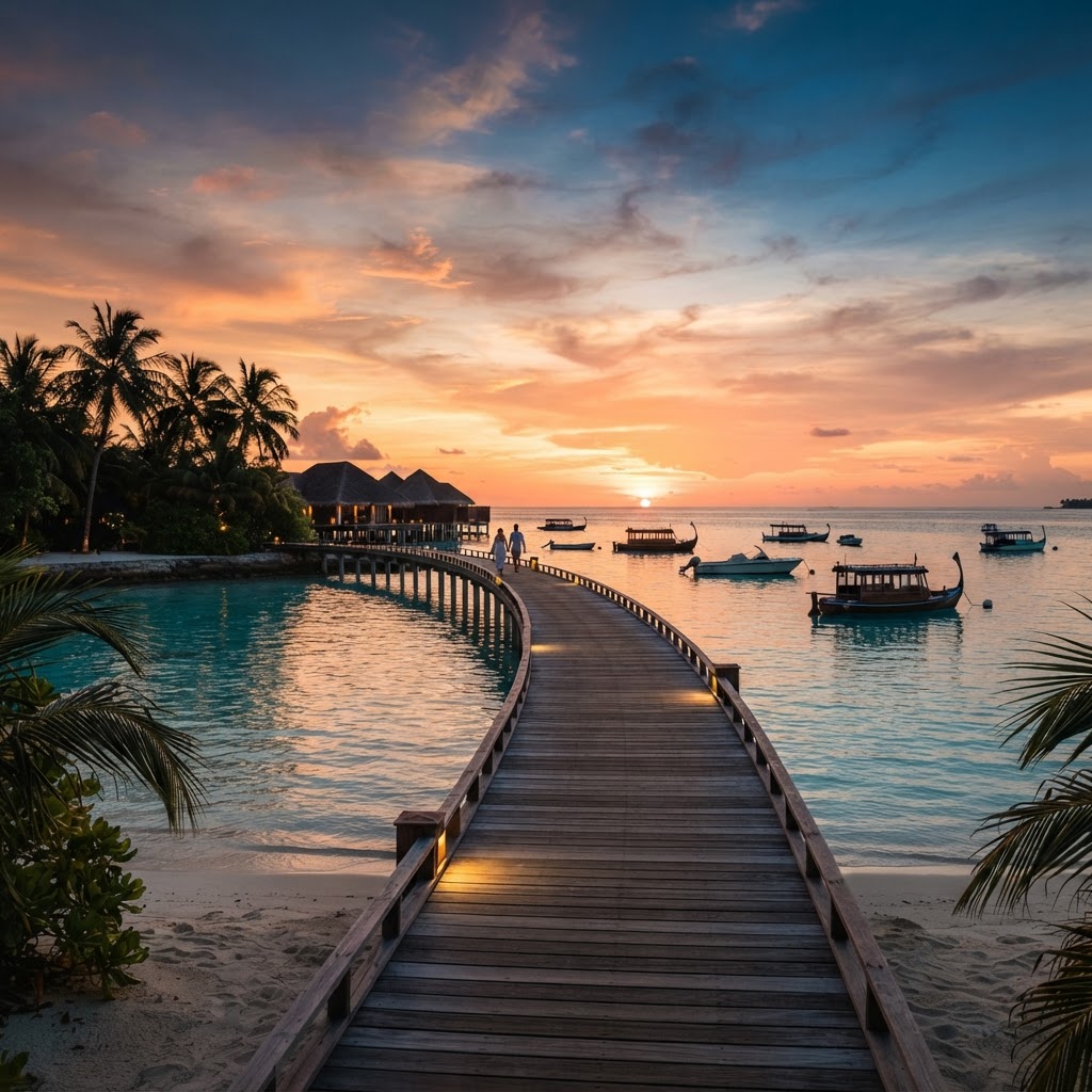 Sunset over a Maldives lagoon with a wooden jetty and palm trees