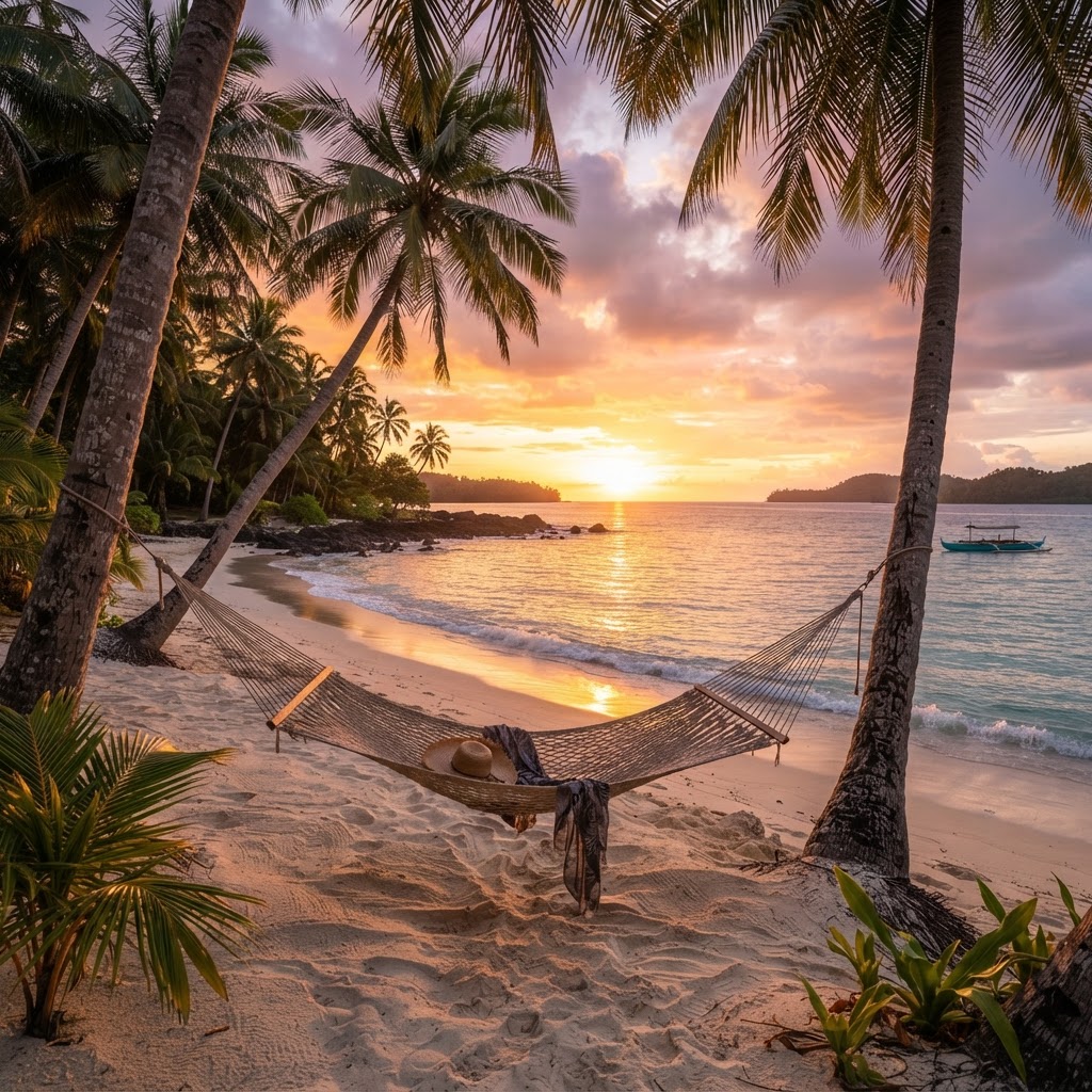 A Fiji beach on the Coral Coast at sunset with a hammock between two palms