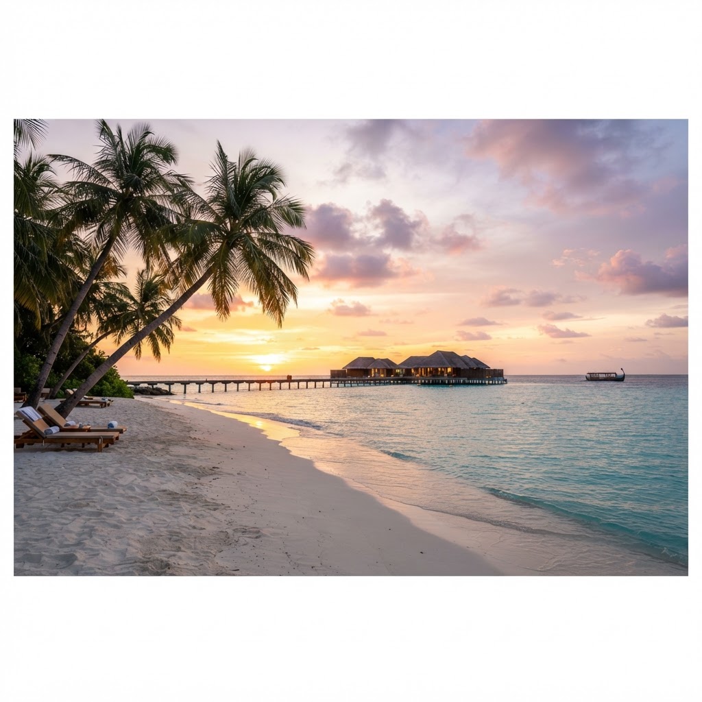 A perfect Maldives beach at sunset with white sand, palm trees and overwater villas