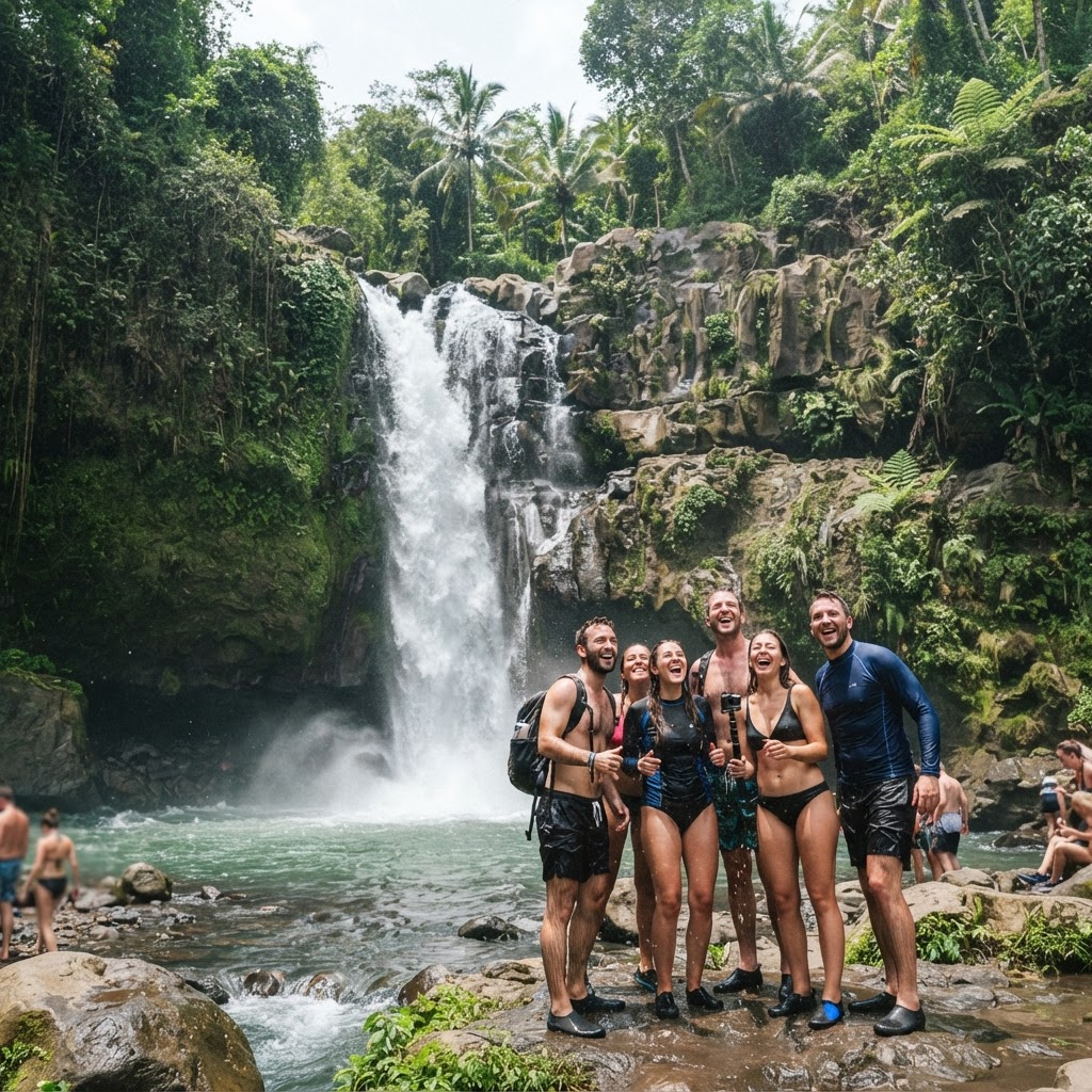 Tourists beneath a large tropical waterfall in the Bali jungle
