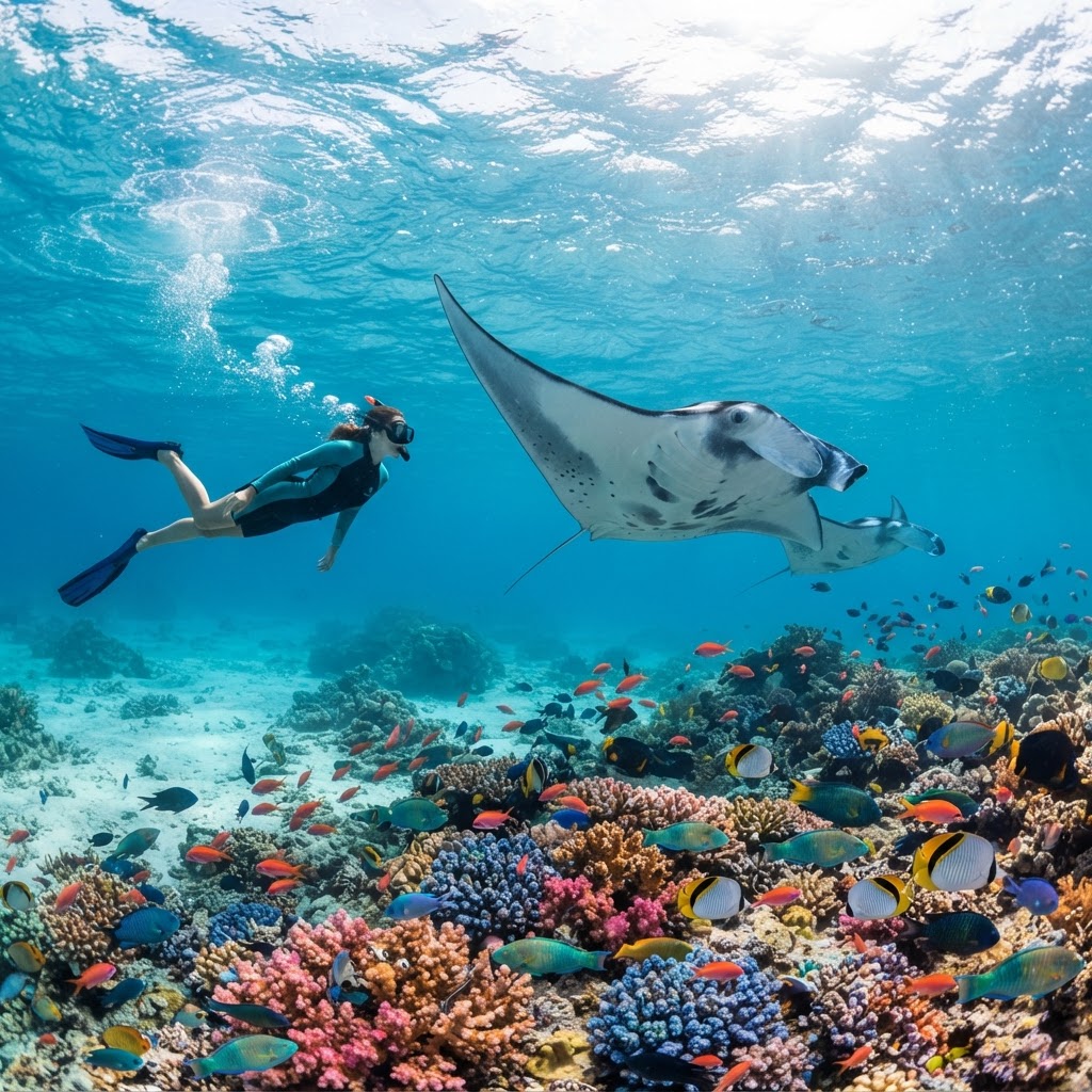Maldives snorkelling with manta rays on a coral reef