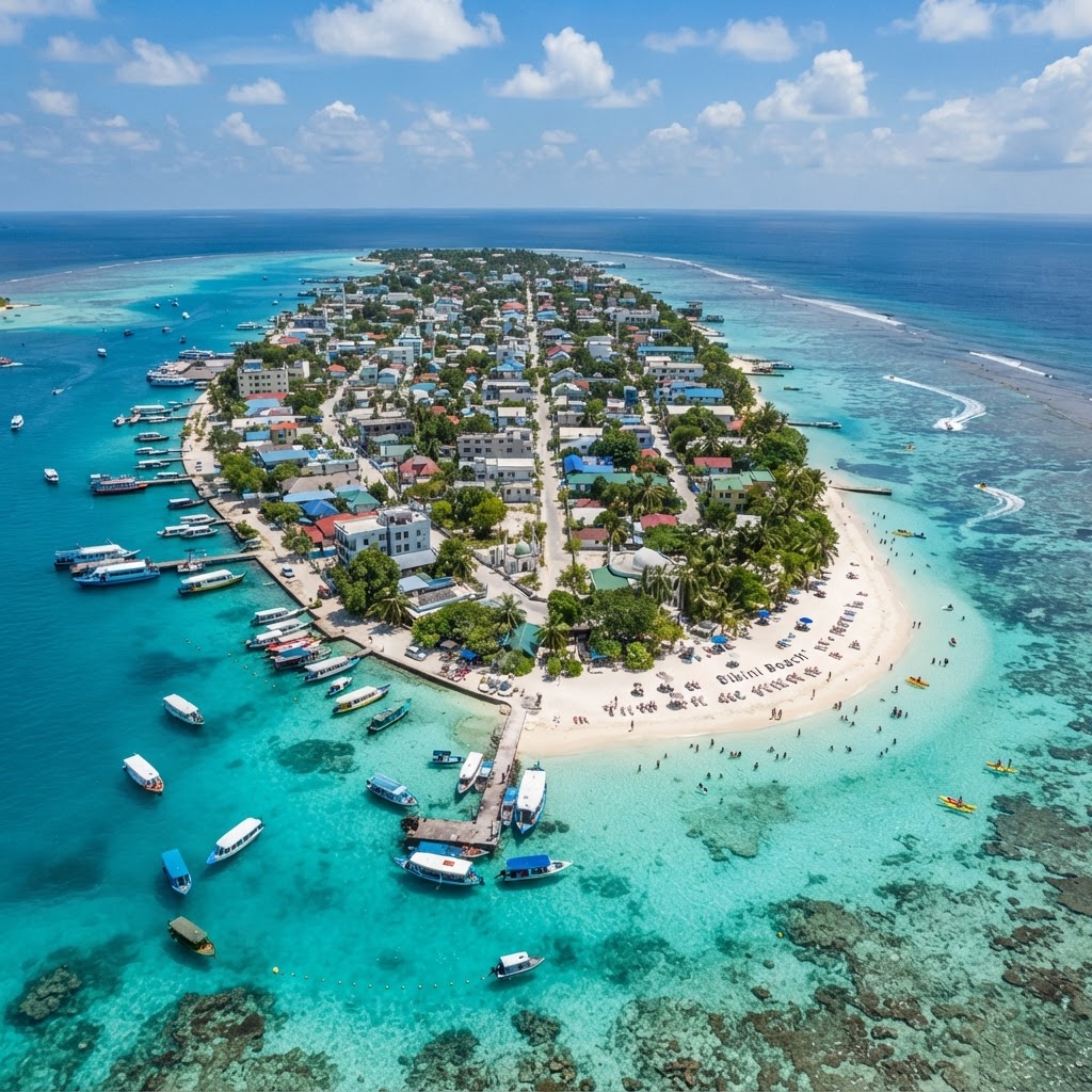 Aerial view of Maafushi island with guesthouses, bikini beach and turquoise lagoon
