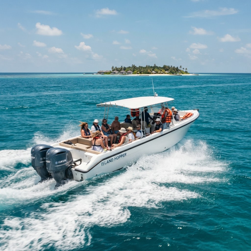 Speedboat with twin outboard engines crossing the open turquoise Maldives channel toward a distant island