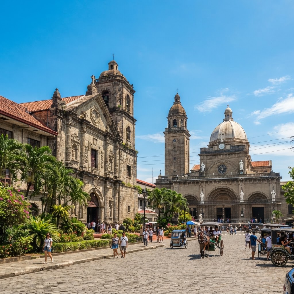 The San Agustin Church and Manila Cathedral in Intramuros Philippines at midday with baroque stone facades, warm daylight, clear blue sky