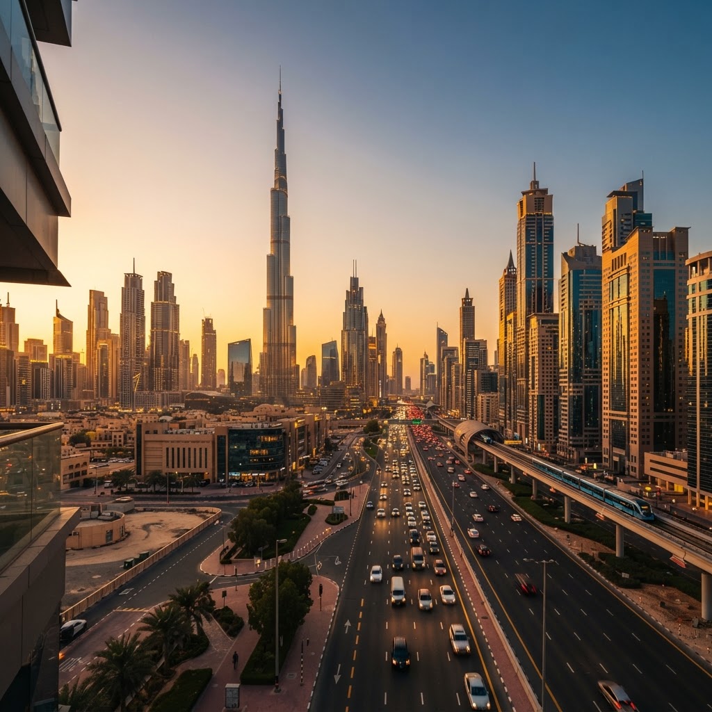 Dubai skyline at golden hour with Burj Khalifa and Sheikh Zayed Road