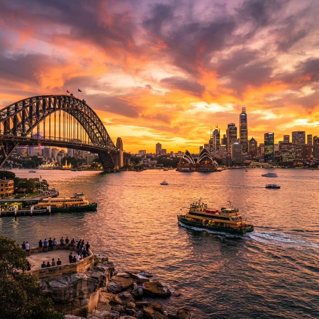 Sydney Harbour Bridge and skyline at sunset