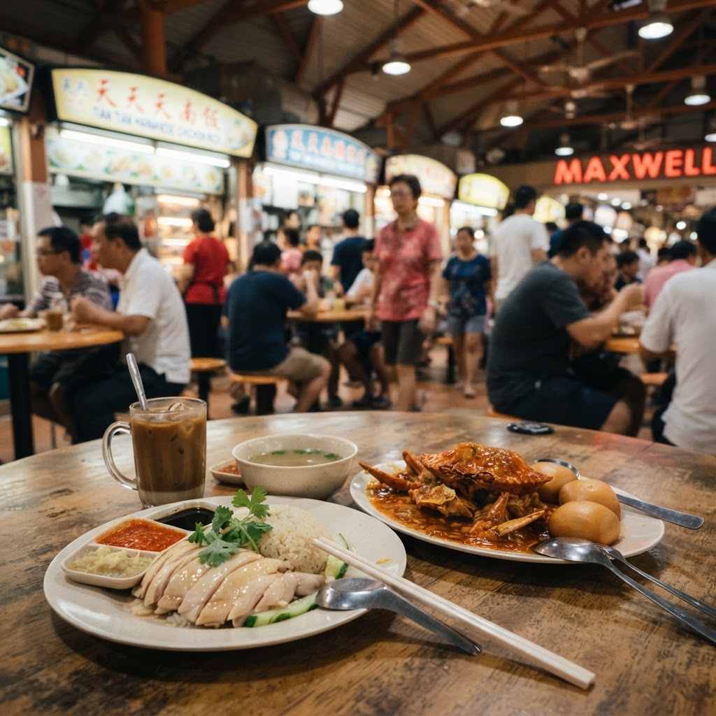 A Singapore hawker centre scene with Hainanese chicken rice, chili crab and a glass of kopi on a table