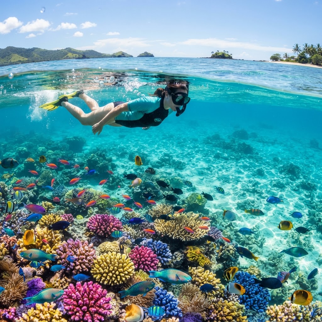 Snorkelling over a healthy Fiji coral reef near Nadi with colourful coral and tropical fish