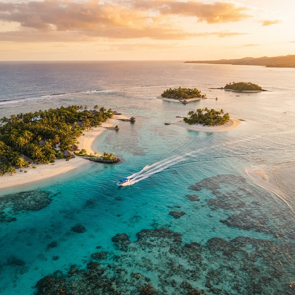 Aerial view of the Mamanuca Islands in Fiji at golden hour with turquoise reef water