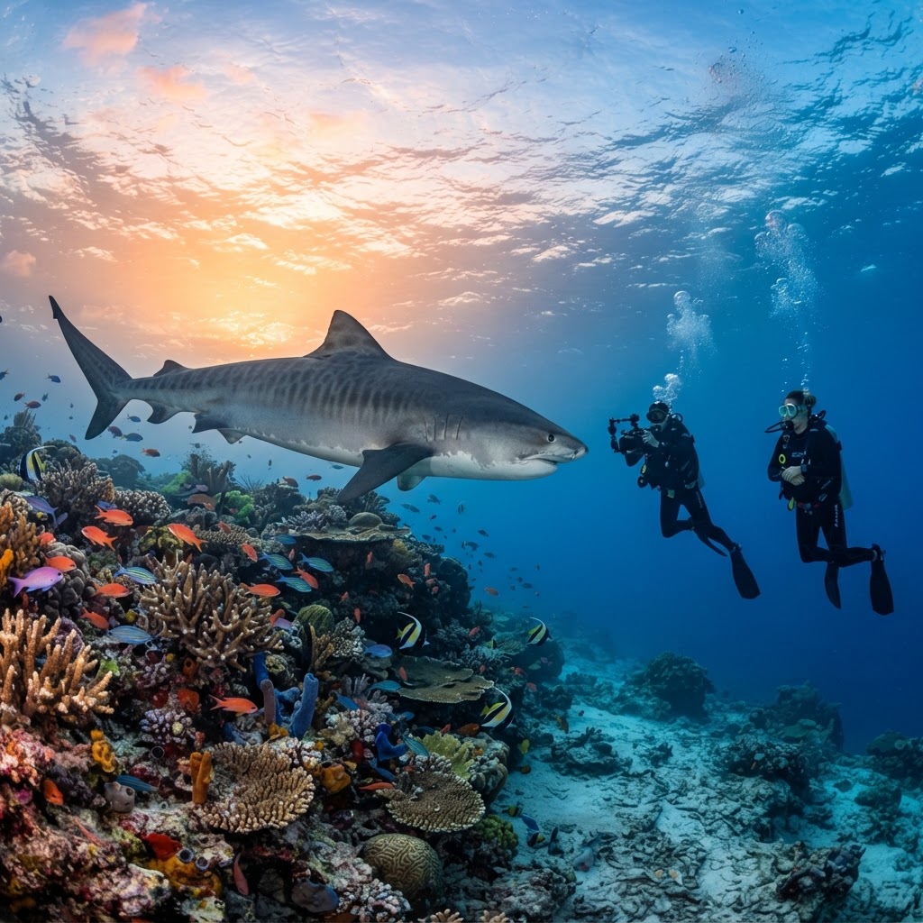 Tiger shark diving site at Fuvahmulah island Maldives with crystal clear blue water