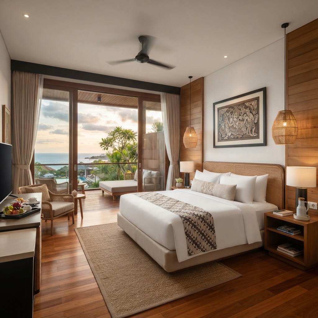 Modern deluxe room at Novotel Bali Benoa with ocean-view balcony