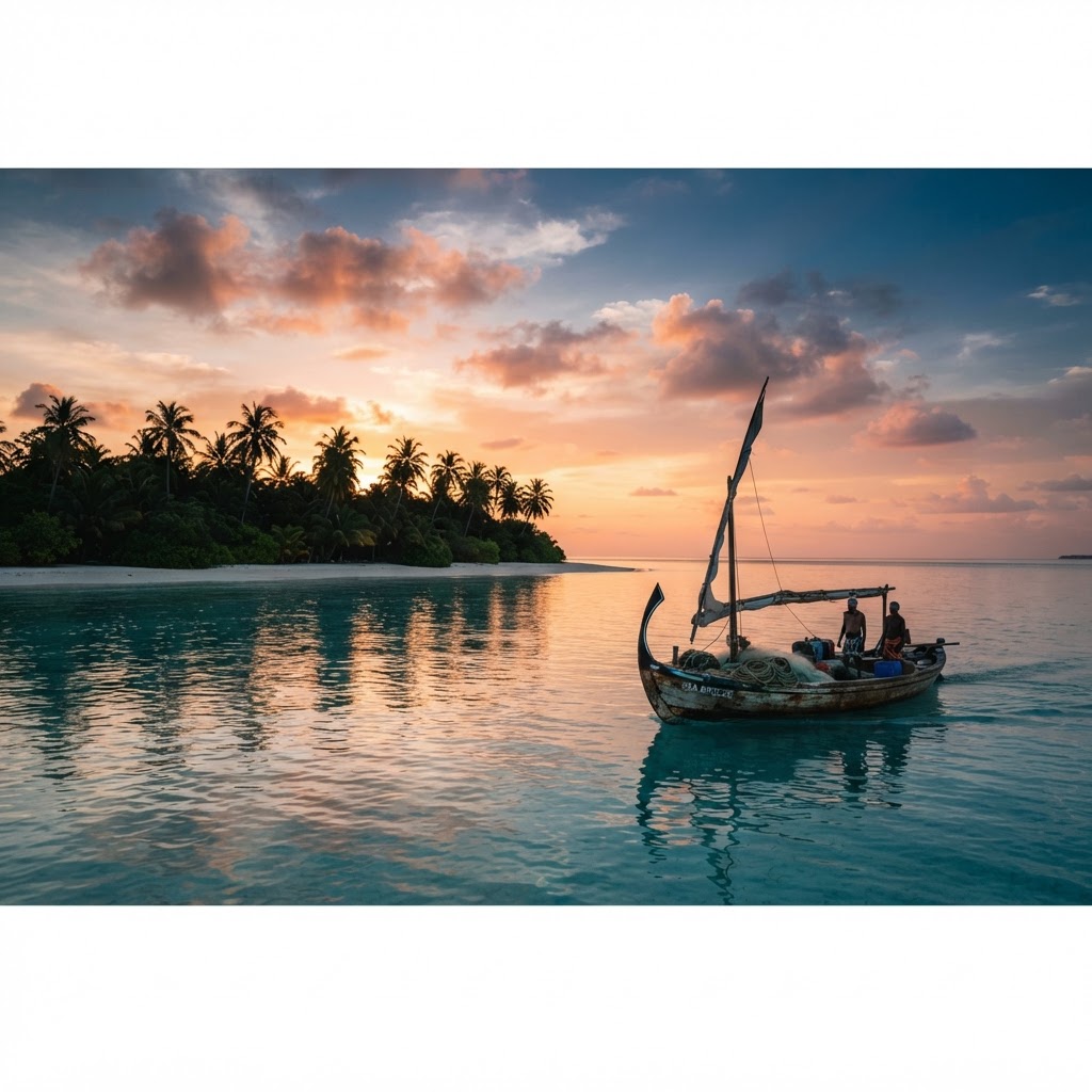 Traditional Maldivian dhoni fishing boat near a northern Maldives island at sunset