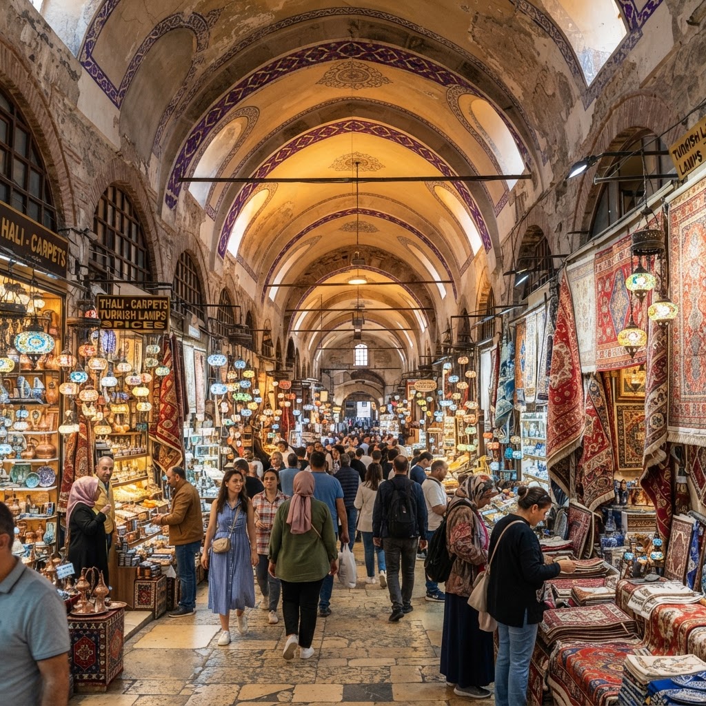 The Grand Bazaar in Istanbul interior, arched ceilings, hanging lanterns, colorful Turkish lamps and carpets, shoppers, warm daylight
