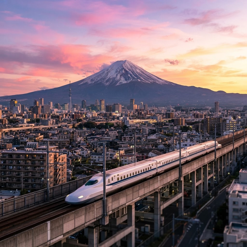 Mount Fuji at golden hour viewed from Tokyo with a Shinkansen bullet train passing through the foreground and a snow-capped peak under a pink and purple sky
