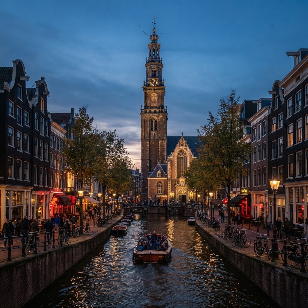 The Oude Kerk church tower in Amsterdam old town