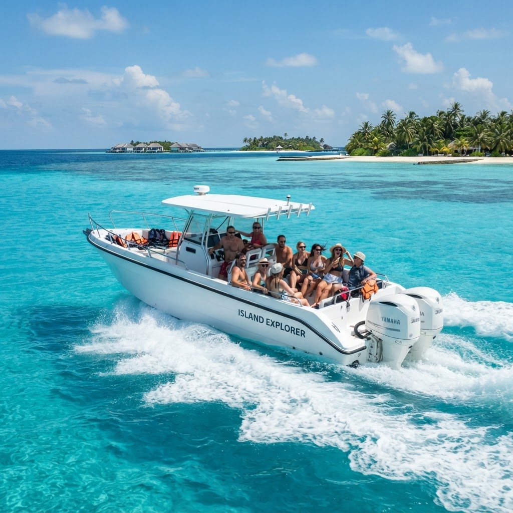 Speedboat with outboard engines crossing a turquoise Maldives lagoon