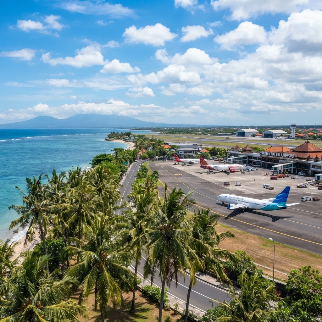 Palm trees near Bali Denpasar Airport with planes in the distance