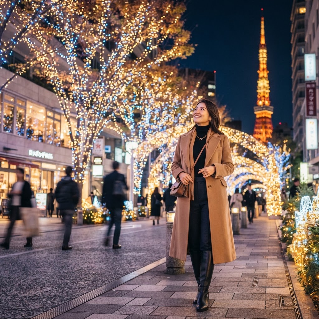 Chic woman in long wool coat and boots admiring Tokyo winter illuminations in Roppongi in December evening