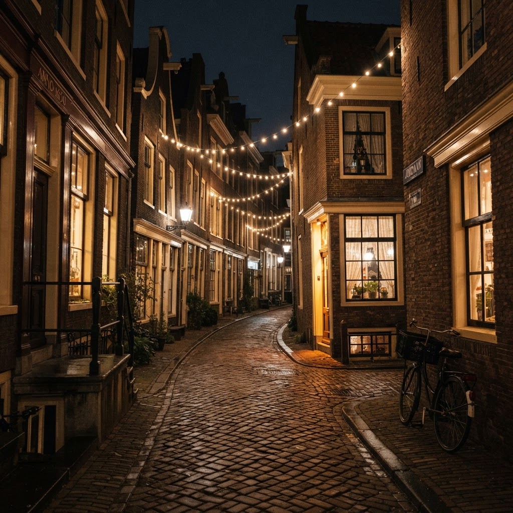 Narrow historic alley in Amsterdam old town at night