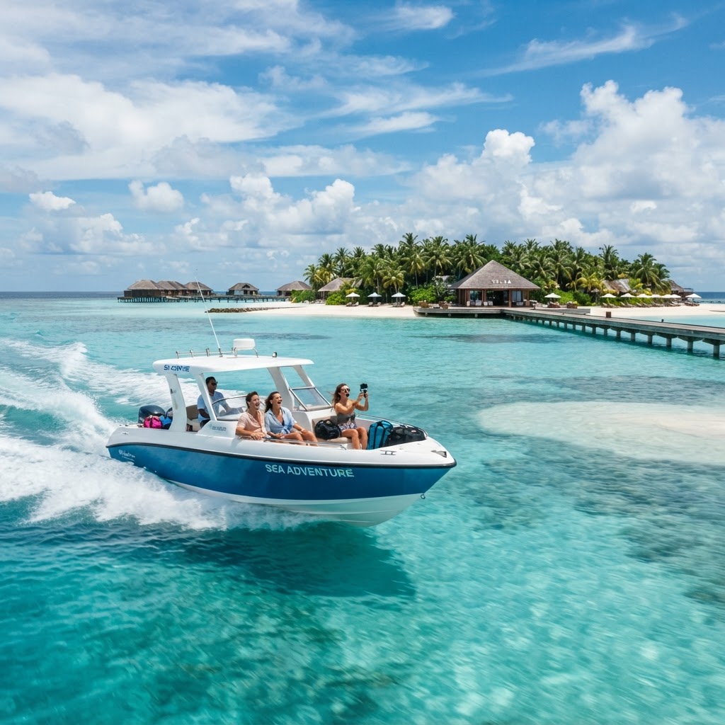 A speedboat crossing the turquoise Maldives lagoon toward an island resort