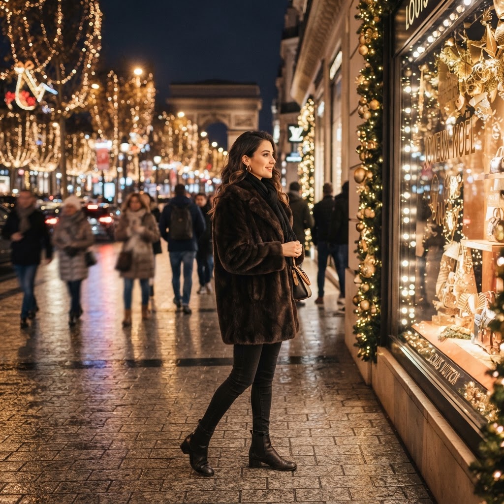 Chic woman in faux fur coat and ankle boots admiring holiday window lights on Champs-Élysées in Paris in December evening