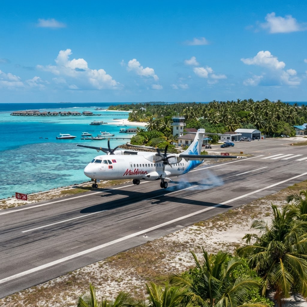 Maldivian ATR72 turboprop landing at a small island airport in the northern Maldives