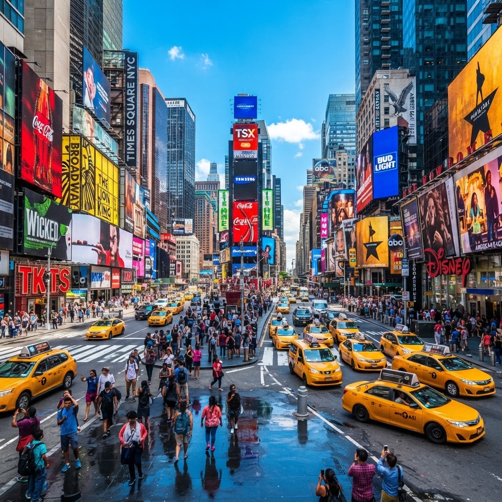 Times Square in New York City by day with towering billboards, yellow taxis and pedestrians in bright midday sunlight under a blue sky
