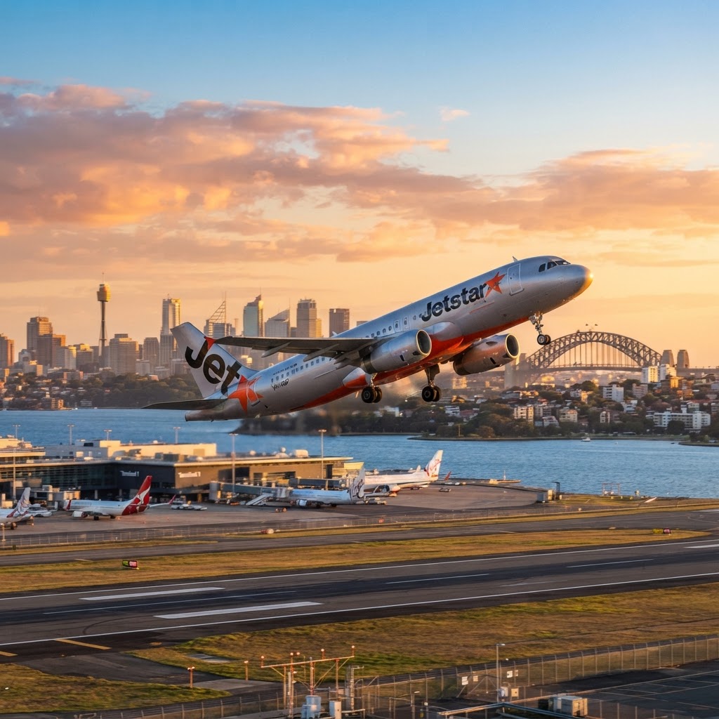 Jetstar Airways Airbus A320 taking off from Sydney Kingsford Smith Airport at sunrise with the Sydney skyline in the background