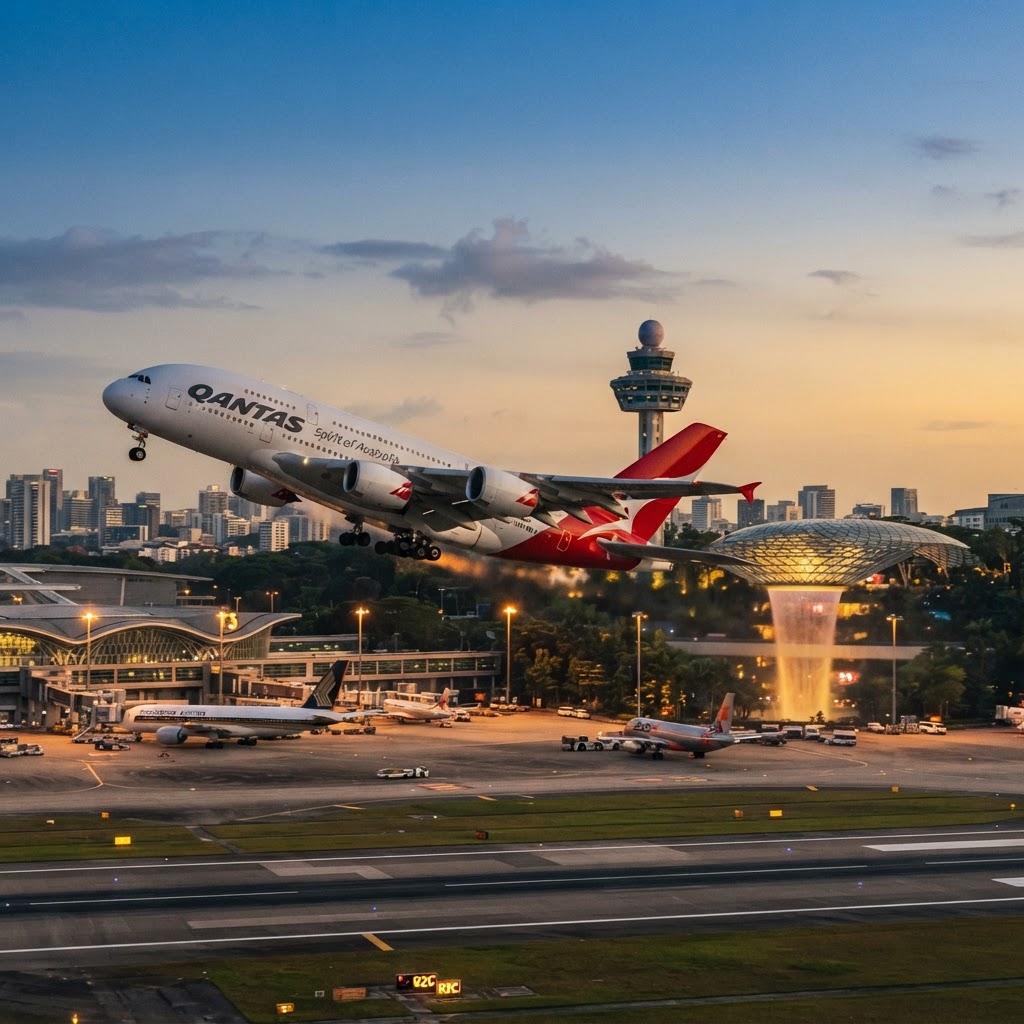 A Qantas Airbus A380 taking off from Singapore Changi Airport runway at dusk with the Jewel waterfall and the control tower in the background