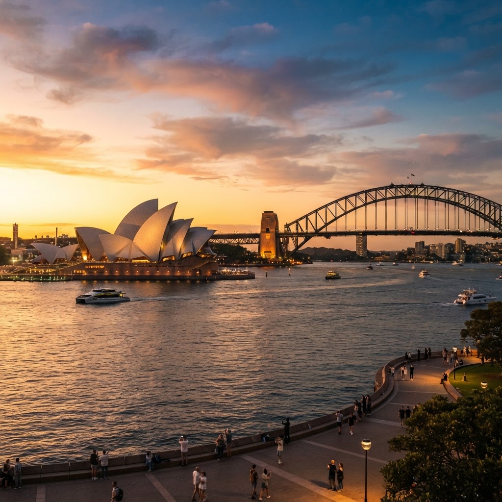 Sydney Opera House and Harbour Bridge at golden sunset